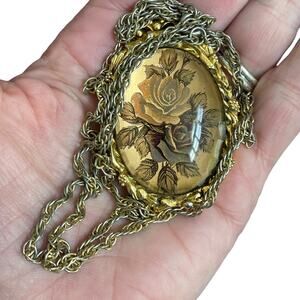 Vintage Max Factor Locket Pendant Necklace Gold Tone Solid Perfume Roses READ